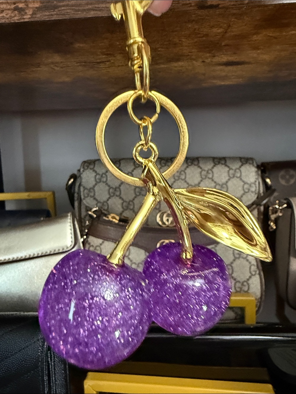 Gold-Tone Cherry Keychain with Purple Glitter Cherries - NWOT